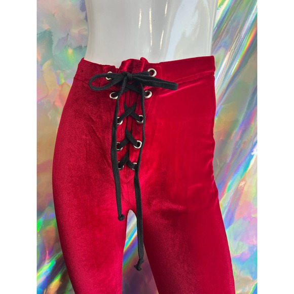NEW Red Velvet Leggings with Black Lace Up Waist - Picture 3 of 10